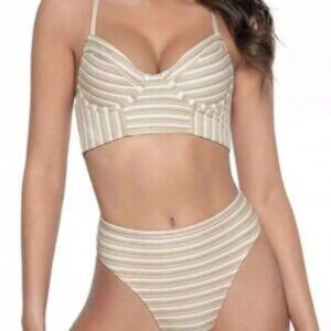 NEW PQ Metallic Striped Bikini Set Size L/Cup D Shimmer High Waist Resort Beach